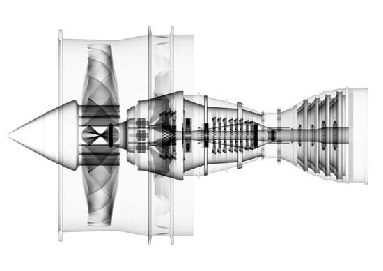 SKF:航空发动机透视图,半透明的发动壳体下能看到各级传动叶轮甚至轴承支撑位。